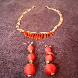 Necklace,matching earrings. Gold plated metal w cubic zirconia w red beads 15.5"